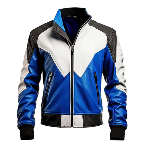 Men’s White Blue Sheepskin Biker Zip-Up Cafe Racer Slim Fit Motorcycle Leather Jacket.