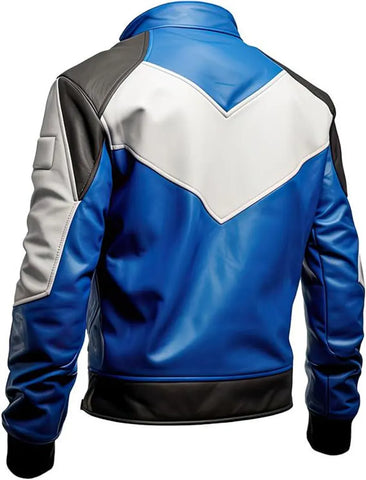 Men’s White Blue Sheepskin Biker Zip-Up Cafe Racer Slim Fit Motorcycle Leather Jacket.