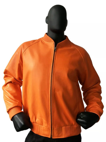 Men Orange Lambskin Jacket Designer Bomber Biker 100% Real Leather Handmade Coat