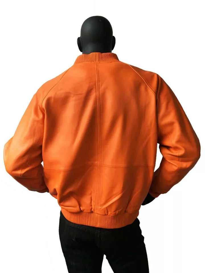 Men Orange Lambskin Jacket Designer Bomber Biker 100% Real Leather Handmade Coat